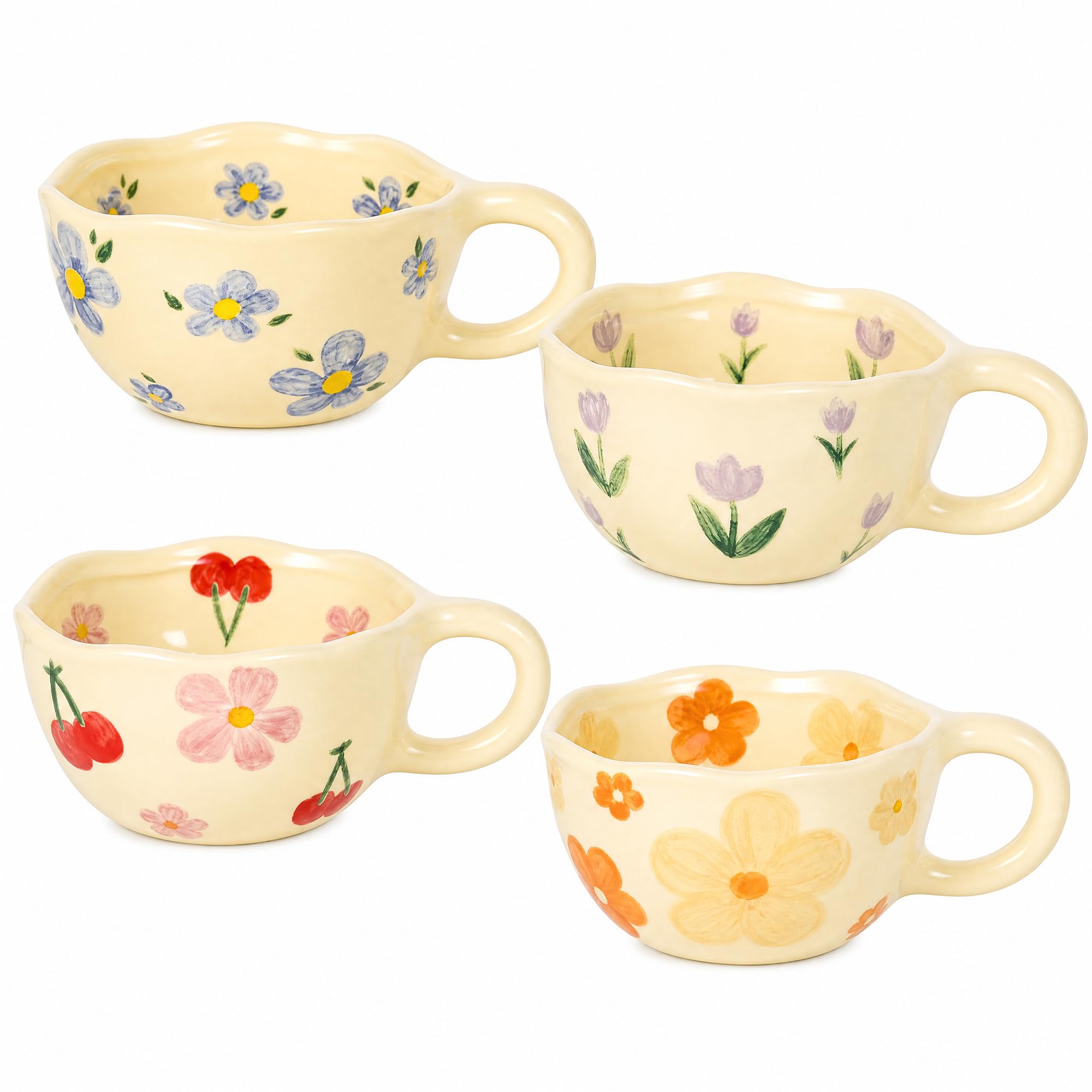 Coffee X Tea - ชุดแก้วกาแฟเซรามิก 4 ใบ ลายดอกไม้สีน้ำเงิน ส้ม ชมพู