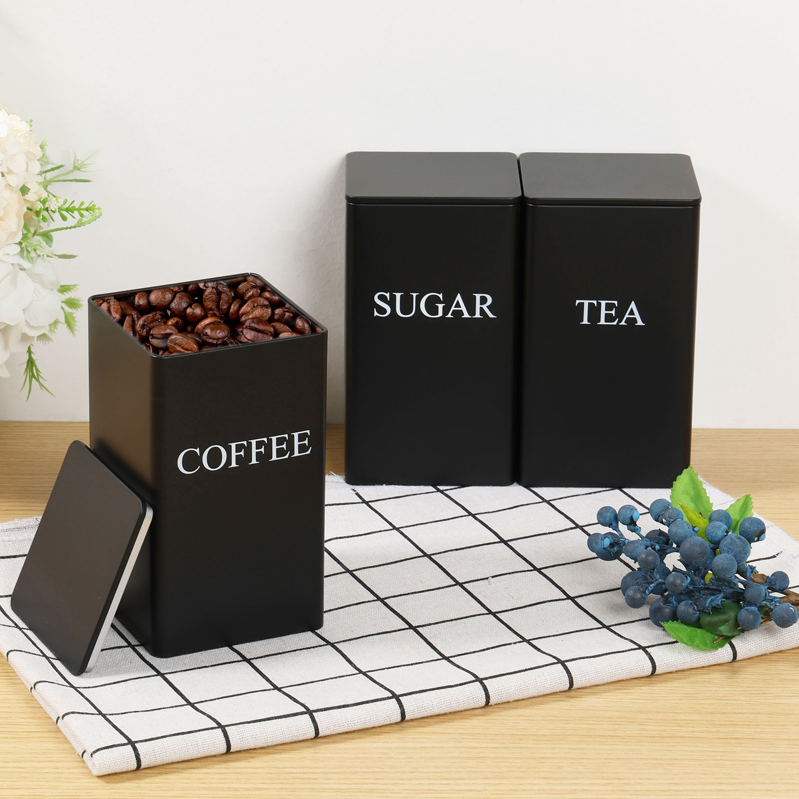 Coffee Tea Canister Set - 3 ชิ้นกาแฟ Bean ถังเก็บชาน้ําตาลสูญญากาศปิดผนึก Jars กระป๋องเหล็กความร้อนครัวครีม