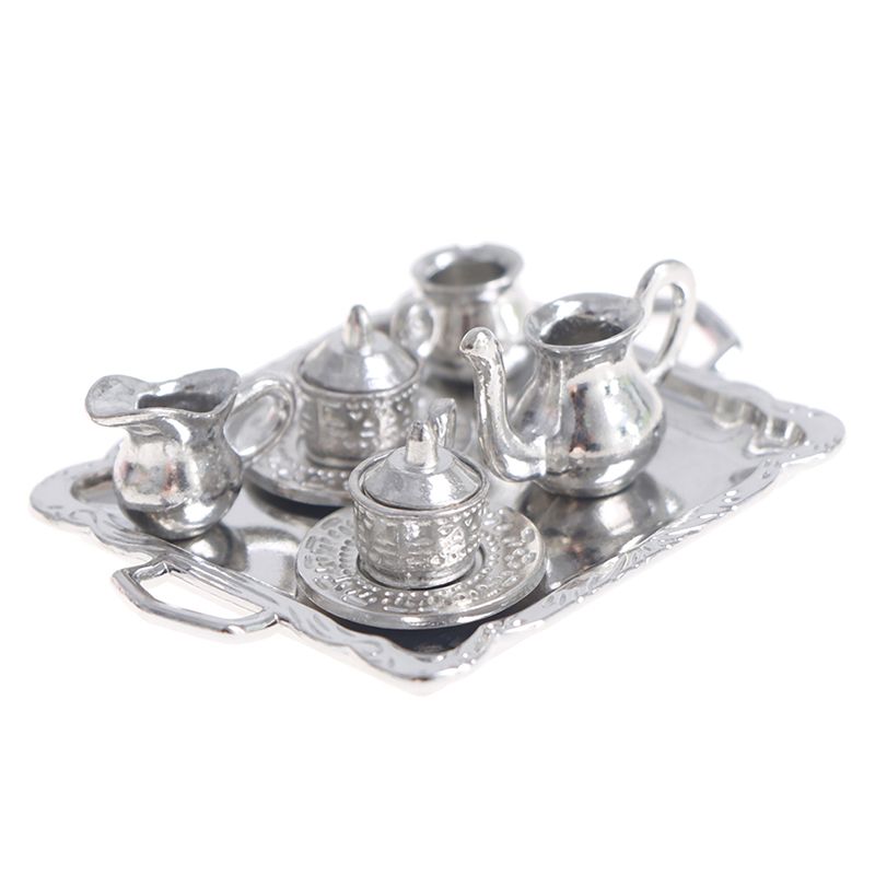 Coffee Y Tea - 10 ชิ้น/เซ็ต 1/12 Dollhouse Miniature โลหะเงินชากาแฟถาดชุดบนโต๊ะอาหารสําหรับตุ๊กตา