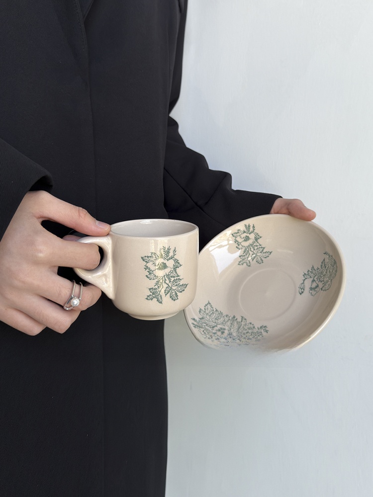 Coffee Tea Green - แก้วกาแฟเซรามิกลายใบไม้สีเขียววินเทจ รุ่นลิมิเต็ดอิดิชั่น แก้วน้ำสำหรับดื่มชายามบ่าย ขนาดเล็ก สไตล์สีส้มและสีเขียว