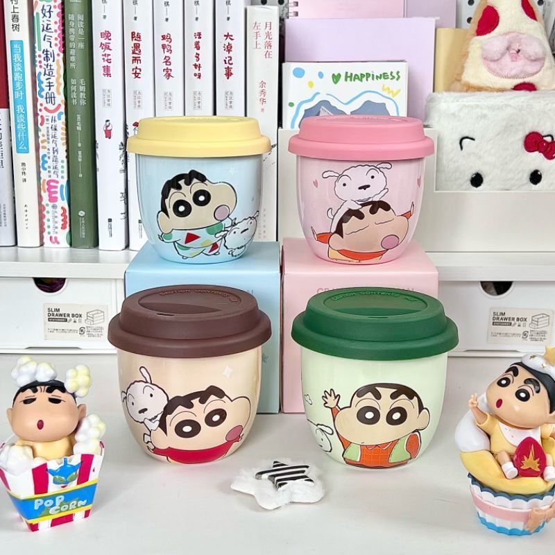 Coffee Y Tea - แก้วกาแฟเซรามิกพกพาพร้อมฝาปิดลายเครยอนชินจัง แก้วน้ำสำหรับคู่รัก แก้วน้ำสำหรับเดินทางและสำนักงานสำหรับสาวๆ