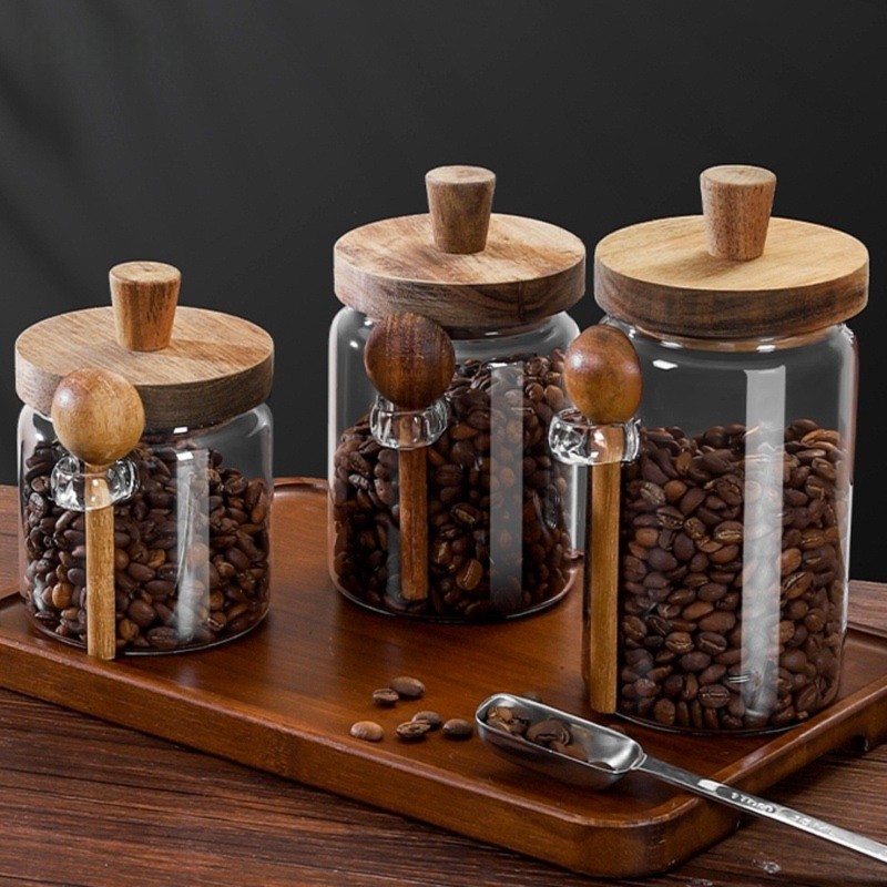Coffee Tea Canister Set - ชุดโหลแก้ว ABJI พร้อมฝาไม้และช้อน ขนาด 13, 20