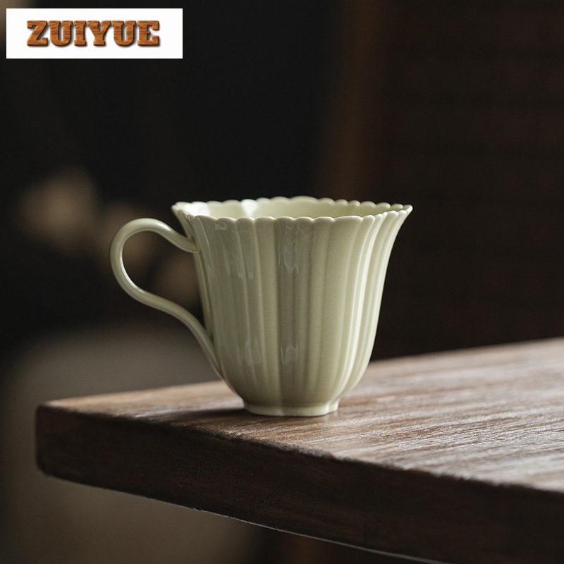 Coffee Tea Green - น่ารักสร้างสรรค์ถ้วยน้ำชาทำมือสีเขียวกก150มล. สำหรับใช้ในครัวเรือนงานฝีมือถ้วยชากลีบดอกไม้ดอกไม้บูติก