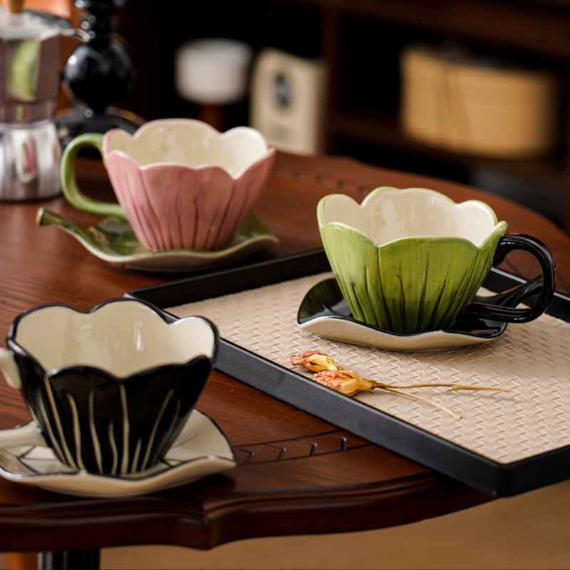 Coffee Tea Set - ไม่สม่ําเสมอมือวาดถ้วยกาแฟชุดจานประณีตสํานักงานชายามบ่ายแก้วแฟชั่นดอกไม้แก้วเซรามิคใบแผ่น Drinkwar