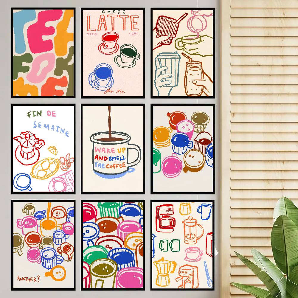Wallpaper Coffee And Tea - โปสเตอร์ตกแต่งผนังลายกาแฟลาเต้สไตล์เรโทรสีสันสวยงาม สำหรับห้องครัว ห้องรับแขก ร้านอาหาร แบบติดผนังเองได้