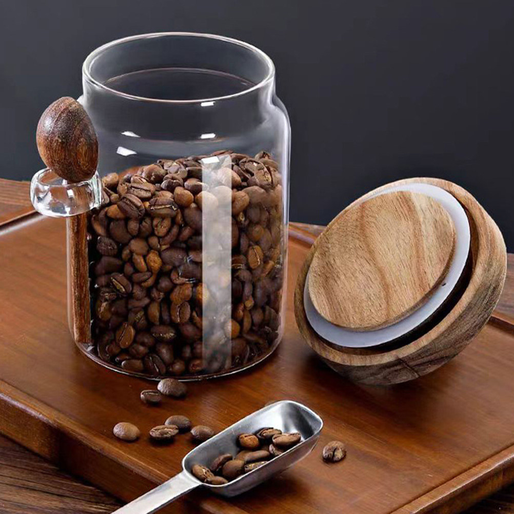 Coffee Tea Holders - โถแก้วเก็บเมล็ดกาแฟ ฝาไม้ปิดสนิท ป้องกันการรั่วซึม ภาชนะเก็บชาในครัว ที่ใส่น้ำตาล โถแก้วปิดผนึก