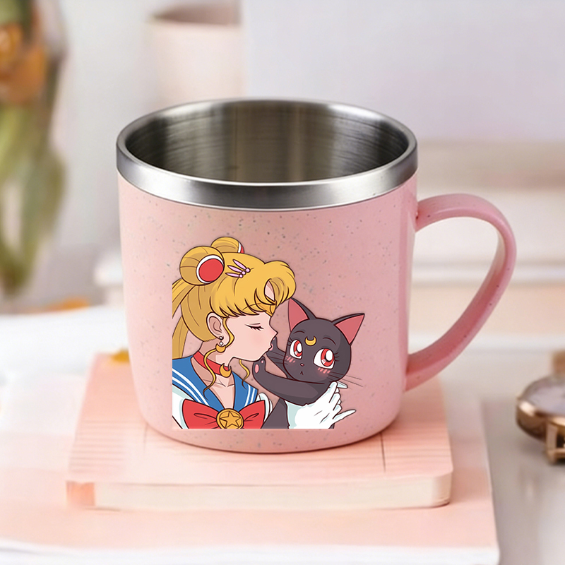 Coffee Y Tea - แก้วนมลายการ์ตูนเซเลอร์มูนสำหรับเด็ก แก้วน้ำน่ารักสำหรับเด็กผู้หญิง ใช้ในบ้าน โรงเรียน หรือกลางแจ้ง แก้วน้ำสแตนเลสขนาดเล็ก