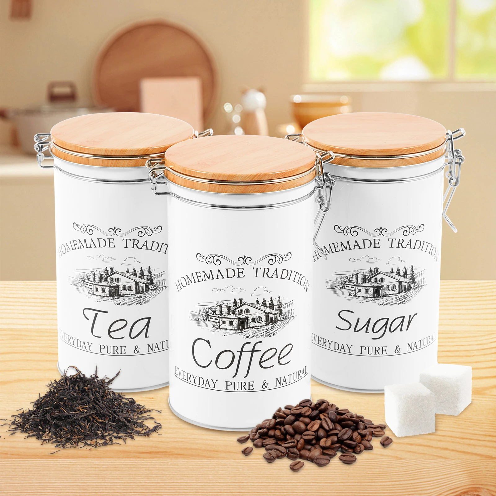 Coffee Tea Canister Set - 3 ชิ้น/เซ็ต กระป๋องชา กาแฟ น้ำตาล กระป๋องโลหะสำหรับเก็บเมล็ดกาแฟ