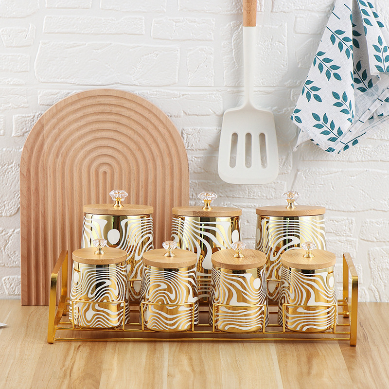 Coffee Tea Canister Set - ชุดกระป๋องครัวเซรามิกเคลือบ 7 สีชุดชากาแฟถังน้ําตาลชุดพร้อมชั้นวางสแตนเลส